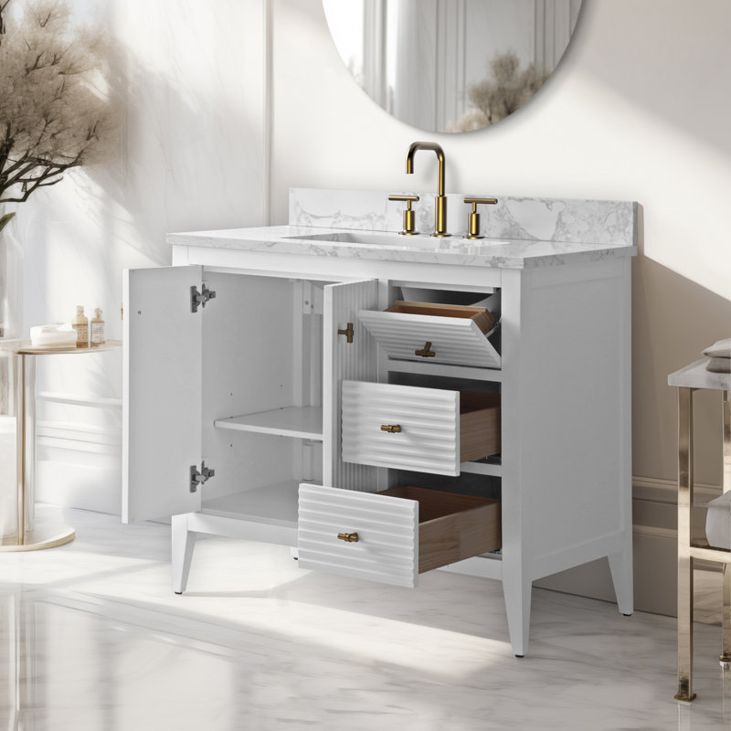 Laval 36" Single Sink Freestanding Bathroom Vanity with Engineered Marble Top, Golden Brushed, Linear White