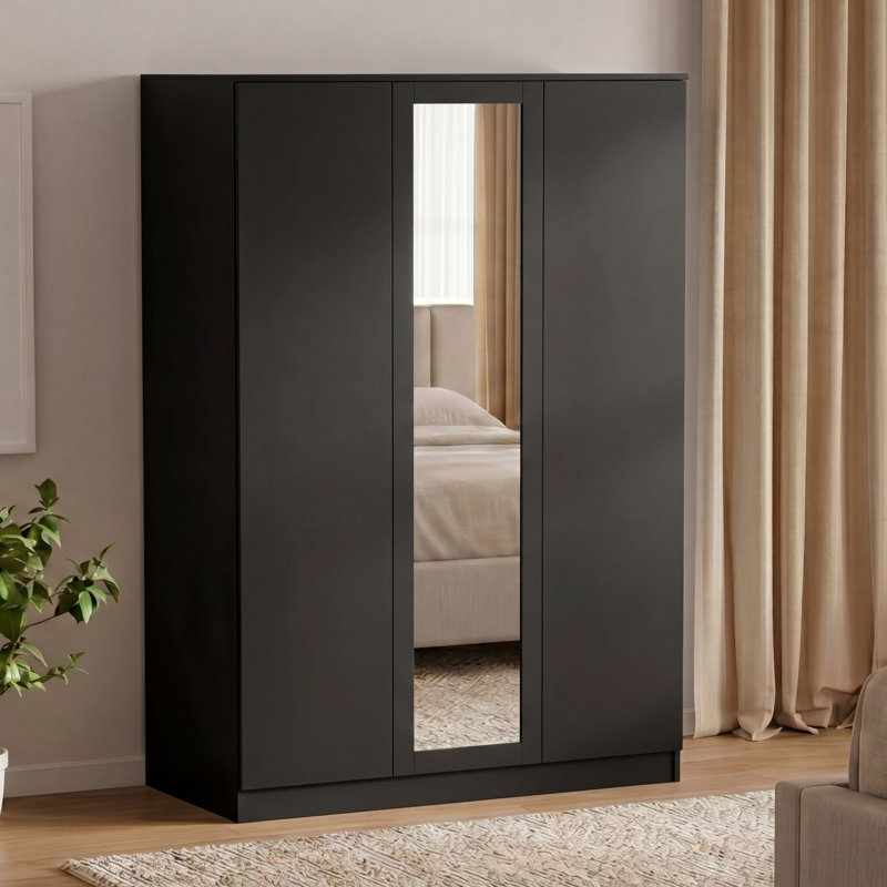 Modern 3 Door Mirrored Wardrobe with Hanging Rail for Bedroom Storage & Organisation, Black
