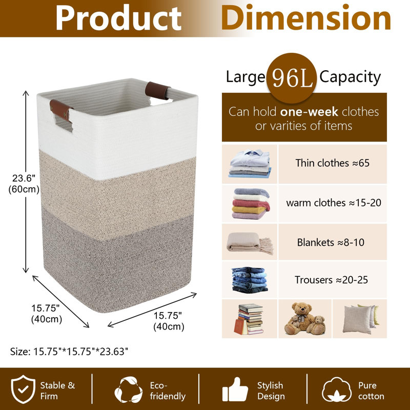 Laundry Hamper 96L Extra Large Laundry Basket, Woven Blanket Basket, Cotton Woven Storage Hamper With Handles For Living Room, Large Baskets For Pillows, Blankets, Clothes-Gradient Yellow
