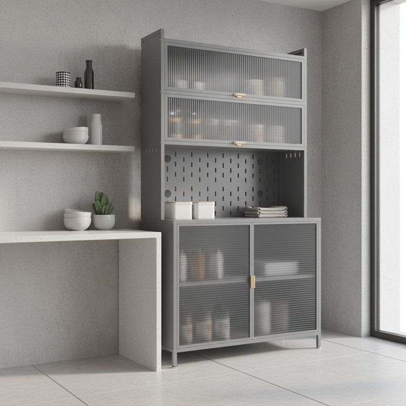Garde-manger de 73 po de hauteur, porte basculante à 6 niveaux avec panneau perforé Spacieux, réglable et élégant garde-manger en métal, bahut anti-basculement pour cuisine, salle à manger, salon (gris)