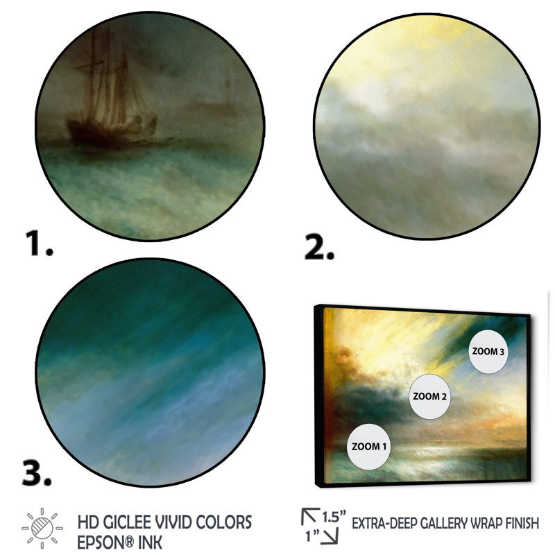 Voilier pendant le coucher du soleil exotique IV - Bateau côtier, art mural sur toile, L 44 po x H 34 po, Cadre flottant noir