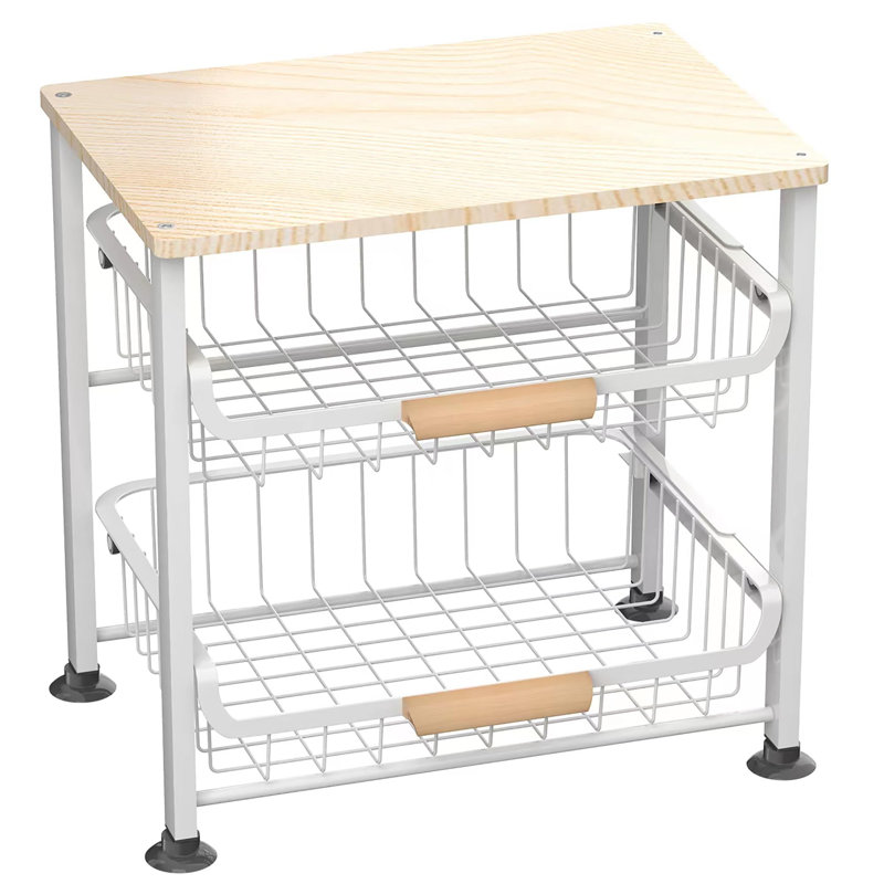 Fruit Basket Kitchen Food Organizer and Rack, Stackable Storage Cart with Desktop, Pull-Out Hollow Metal Basket, Sliding Out Storage