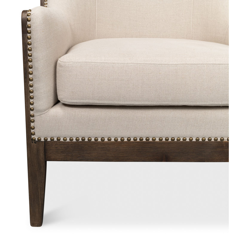 Beige Linen Wingback Chair with Solid Wood Frame