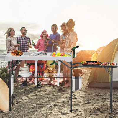 Fish Cleaning Table, Portable Folding Camping Table with Folding Grill Extension Board, Fish Cleaning Station with Dual Sinks, Hose Hook Up