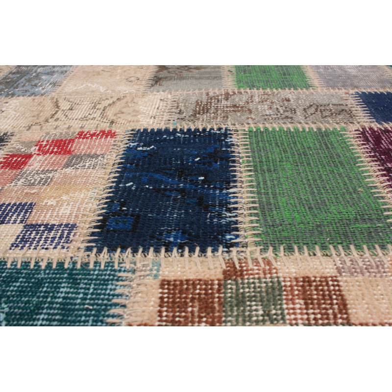 Tapis décoratif en laine noué à la main de conception unique noué à la main New Age 5 pi 7 po x 7 pi 10 po taupe/gris clair/bleu sarcelle