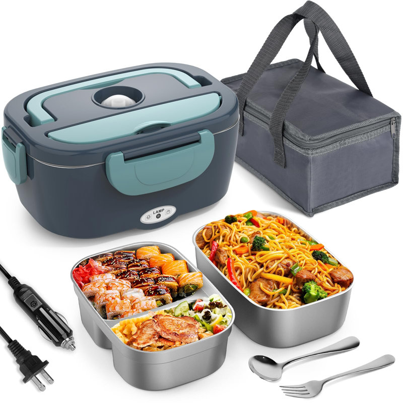 Green 90W Electric Lunch Box Food Heater,12V/24V/110V Portable Heated Food Warmer with Removable 304 Stainless Steel Container for Car,Truck,Office & Gift