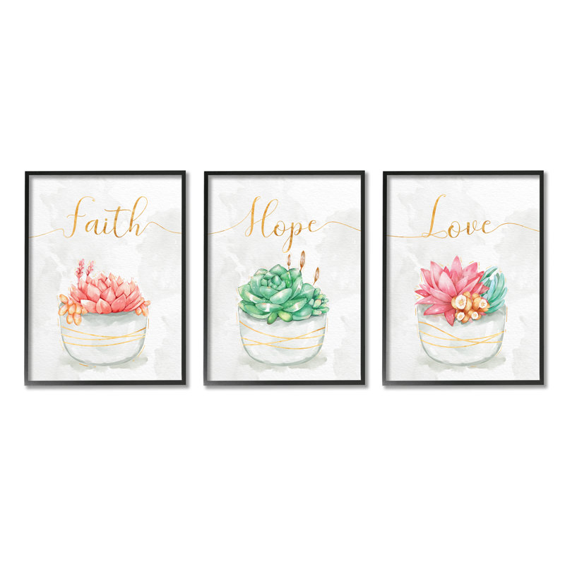 Charmantes plantes succulentes «Faith Hope Love», H 11 po x l 42 po, Giclée encadrée noir minuit