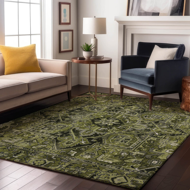 Tapis olive Cerrito AMF570 lavable à la machine de qualité supérieure, Rectangle 5 pi x 7 pi 6 po