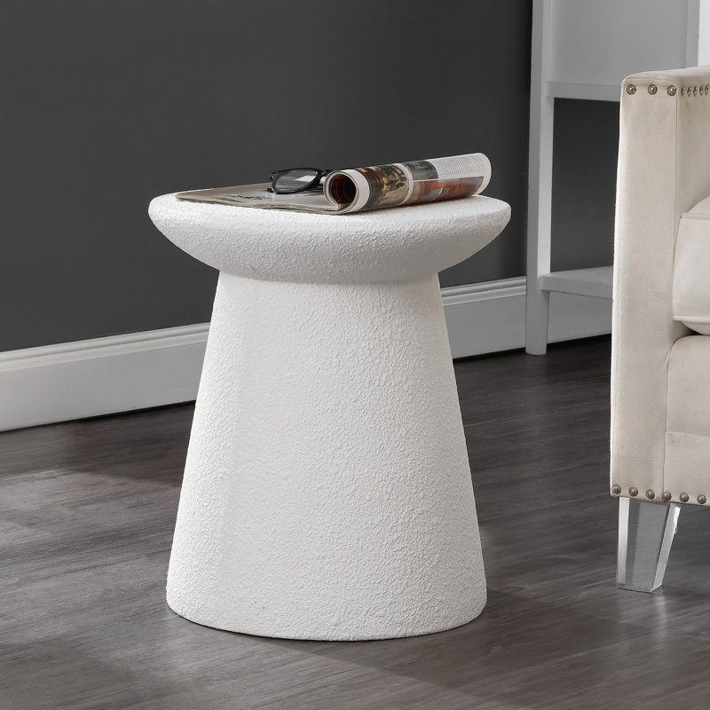 Hollie 18" Minimalist White Frosted Polyresin Indoor/Outdoor Accent Table, All-Weather Textured Round Pedestal Side Table & Stool