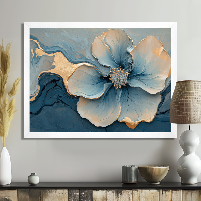 Marbre de geramium abstrait Irmtraut en bleu doré I - art mural en marbre, H 30 po x l 40 po, Blanc