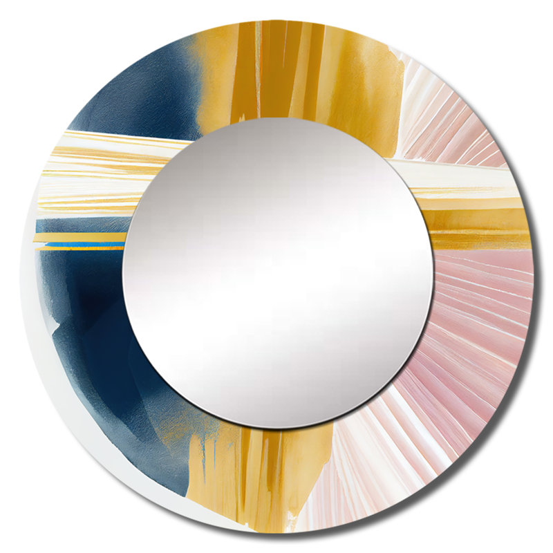 Quartera large doré coup de pinceau II - grand miroir à spirales abstraites, décor de miroir mural rond rose unique, art imprimé en métal