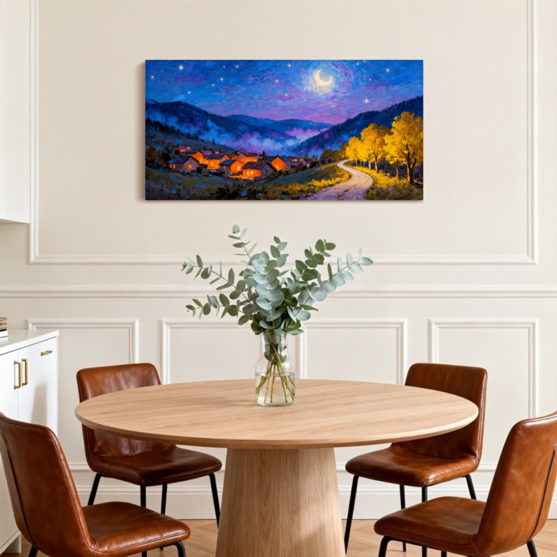 Paysage et nature au clair de lune, chemin d'automne, arbres, montagnes, étoiles, ciel nocturne, H 16 po x l 32 po