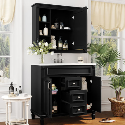 Meuble-lavabo de salle de bain contemporain de 36 po, apparence de miroir noir, 2 tiroirs et portes, meuble-lavabo élégant à décor spacieux, tiroirs, tendance