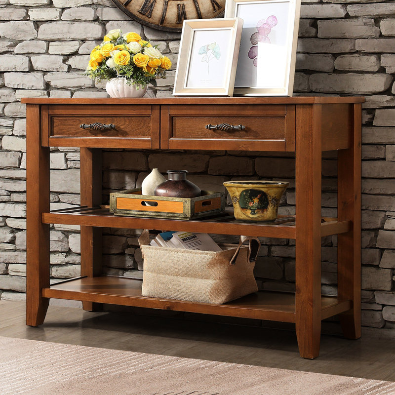 Console brune avec 2 tiroirs et tablettes de rangement, buffet en bois massif de style Mid-Century pour le salon, la cuisine, le vestibule
