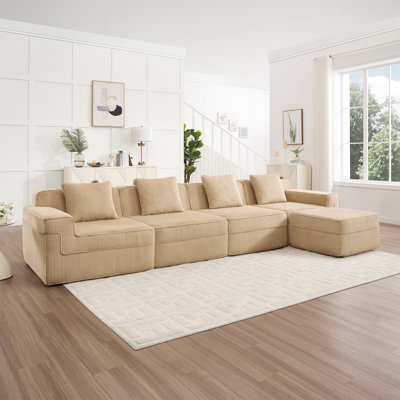 Canapé modulaire modulaire en L à 4 places sans os, canapé modulaire Cloud avec assise profonde, canapé modulaire moderne à 4 places avec coussins décoratifs et 1 repose-pieds mobile, tissu velours côtelé