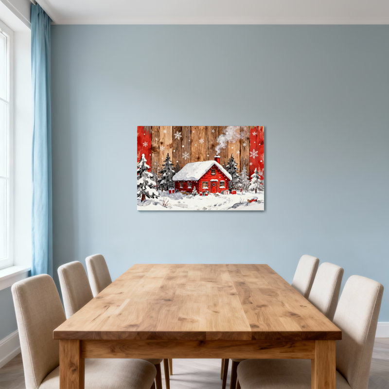 Noël, cabane rouge, neige, scène d'hiver, pins, H 12 po x l 18 po