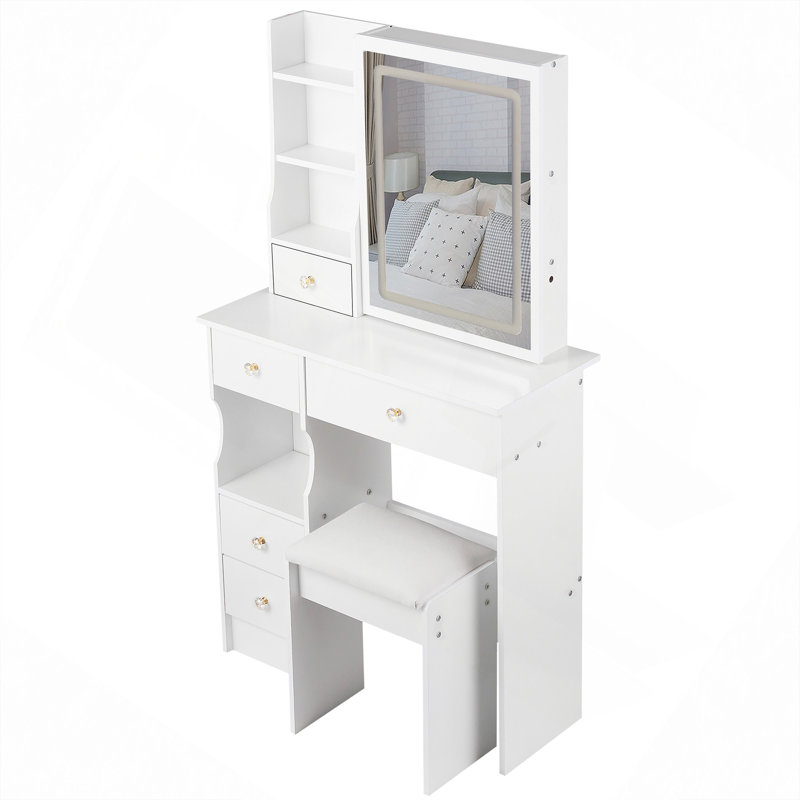 Petit meuble-lavabo de 29,2 po avec tiroir de gauche, tabouret rembourré, grand tiroir, commande tactile, interrupteur tricolore, miroir à luminosité réglable, rangement à grande capacité, convient aux petits espaces