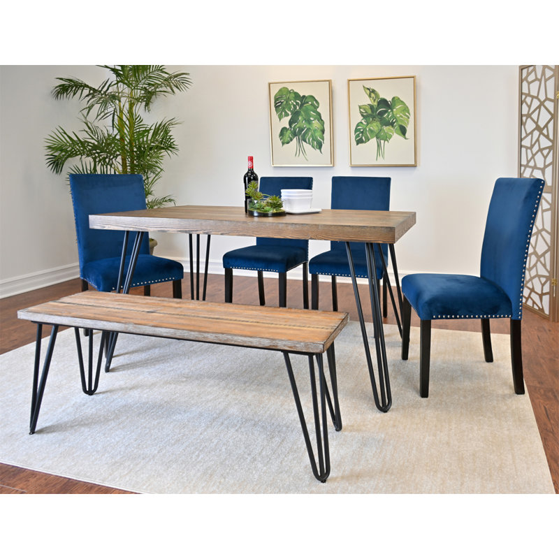 Ensemble de salle à manger Ashzo, table à manger en épingle à cheveux avec chaises, 3 options de couleur, Velours bleu