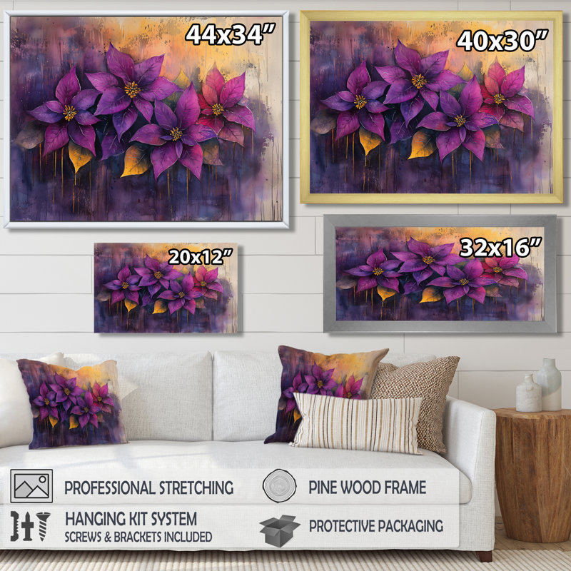 Lavande poinsettias champ dans la brise I - art mural de poinsettias pour le salon, H 12 po x l 20 po, Cadre flottant noir