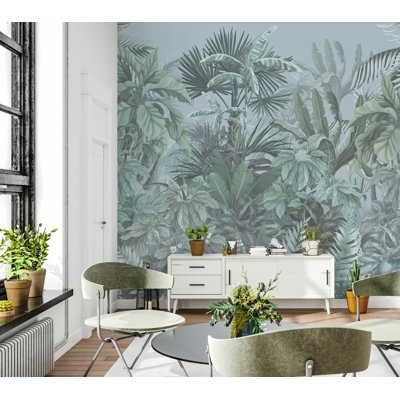Papier peint Misty Jungle tropicale en vert sauge doux