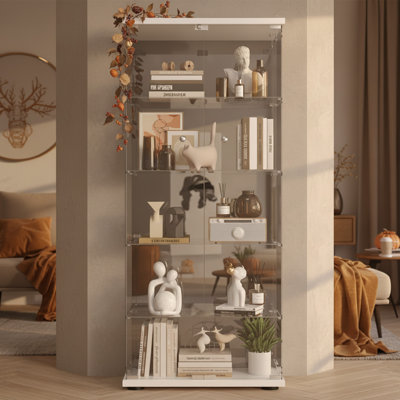 Razuri Tempered Glass Display Cabinet with Mirrored Back Panel, 5-Shelf Curio Cabinet with 2 Door