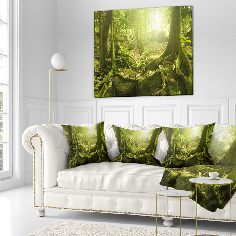 Coussin vert forêt avec soleil, 12 po x 20 po, Rectangulaire
