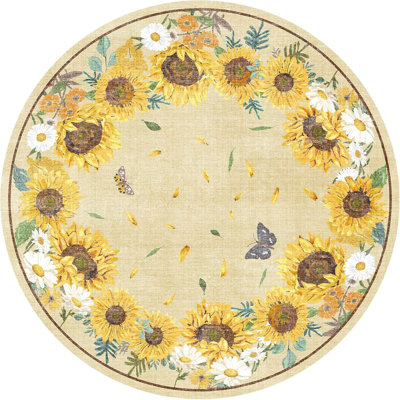 Round Rugs Washable: Sunflower Non-Slip Farmhouse Rug for Living Room Nursery Dining Room - Soft Stain Resistant Easy Clean Mat for Family with Pets Round Sunflower