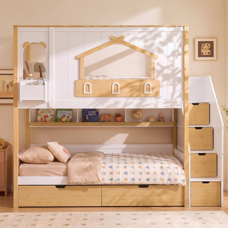 Nestle Playhouse Kids Bunk Bed with Storage Staircase and Drawers, Twin, Yellow