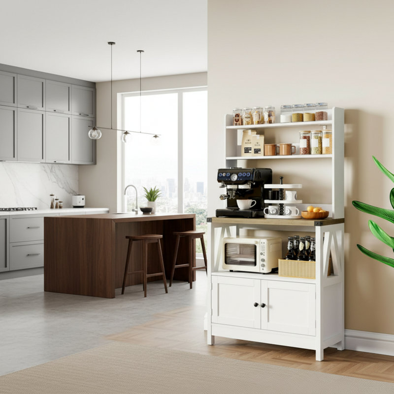 Four à micro-ondes autoportant à cinq couches avec tablettes et portes d'armoire; Le comptoir épaissi peut être utilisé comme un café; La conception sur pied s'intègre bien dans le rangement de la cuisine.