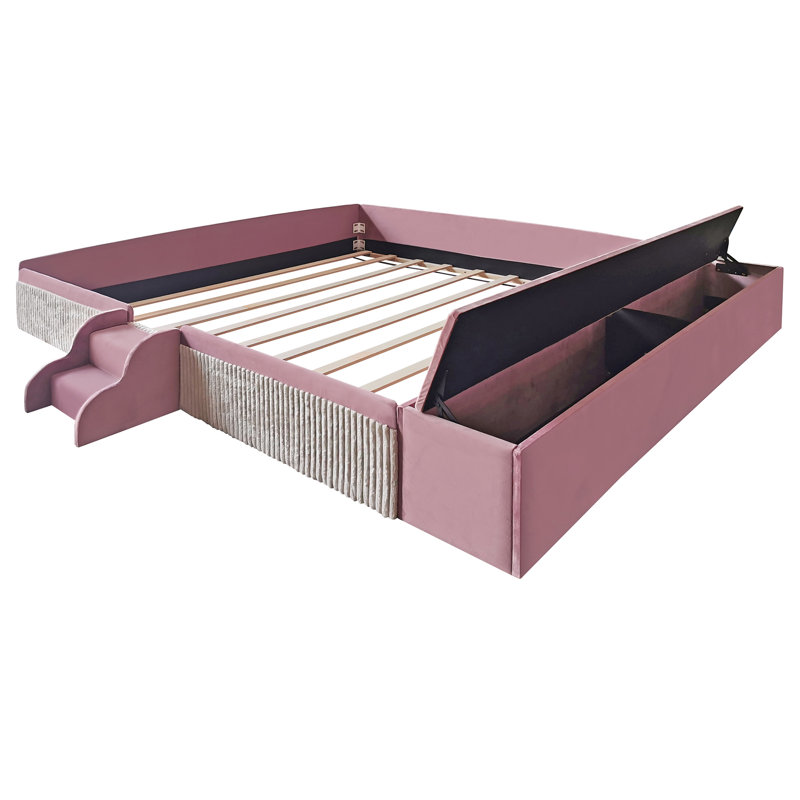 Modern Upholstered Montessori Bed With Storage Bench And Step Stool, King, Pink