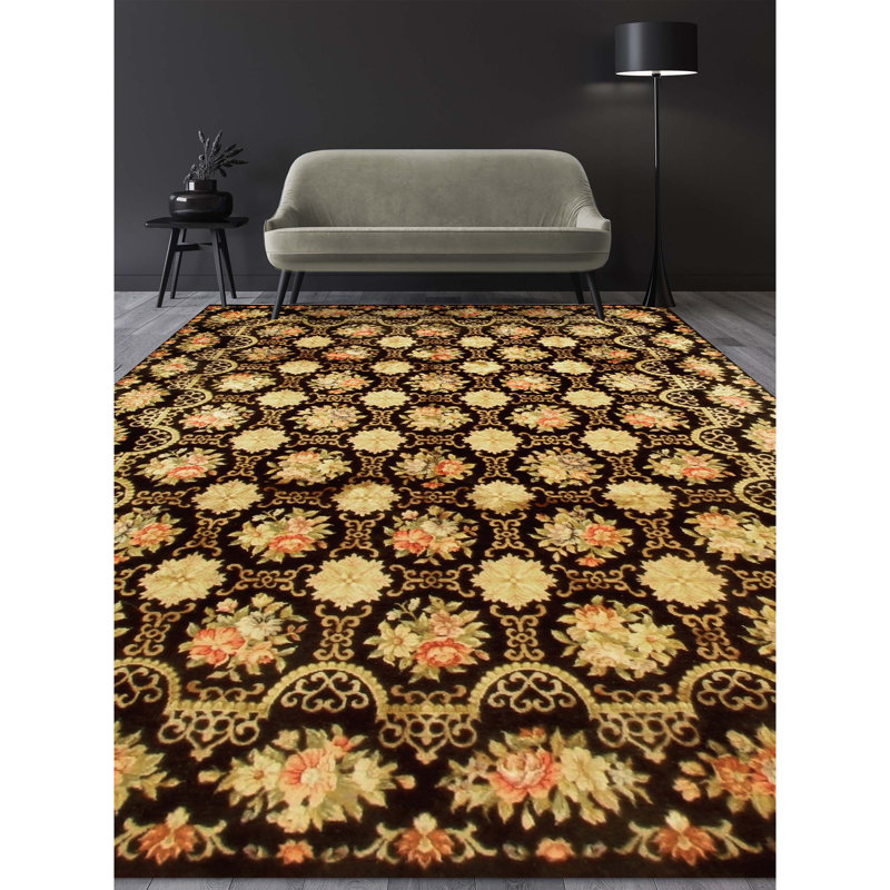 Tapis noir / crème / vert en soie tissée à la main Elegance, Rectangle 6 pi x 9 pi