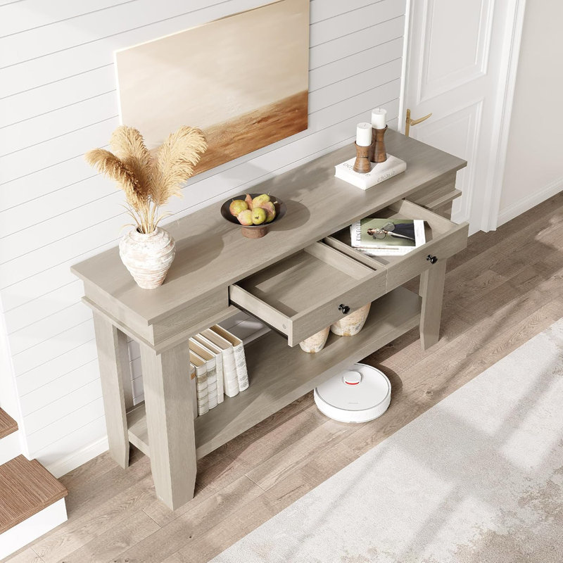 54-Inch Long Console Table, Wooden Entryway Table with 2 Drawers & Open Storage Shelf, for Entryway, Hallway, Living Room