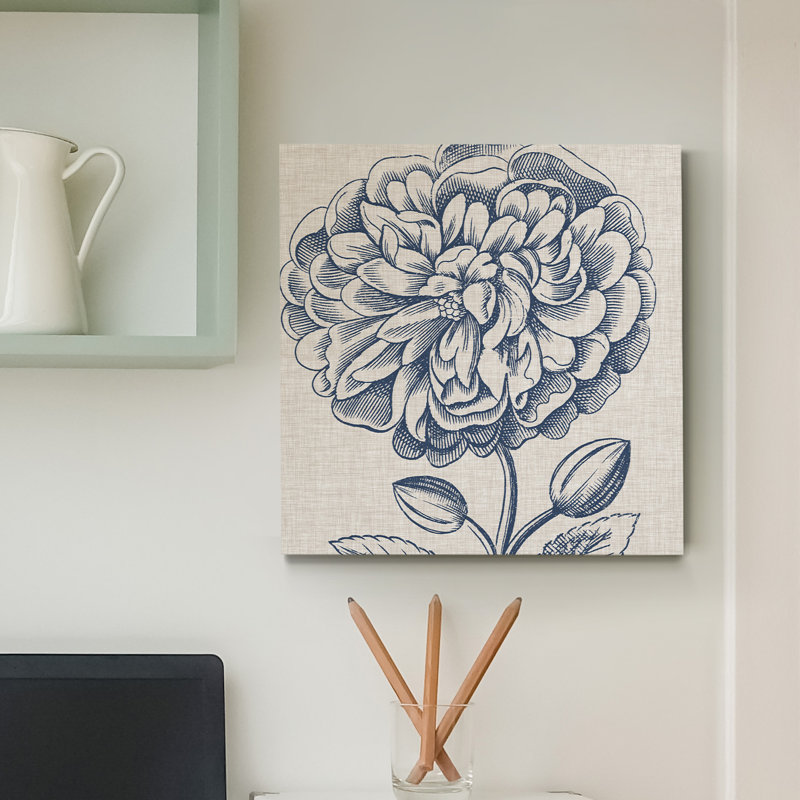 « indigo floral on lin iii », reproduction de peinture sur toile tendue, H 10 po x l 10 po x P 1,5 po