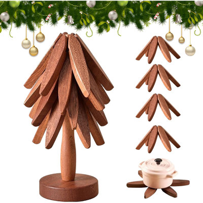 Wooden Trivets for Hot Dishes Tree Shape Trivet Set 4 Layers+1 Stand
