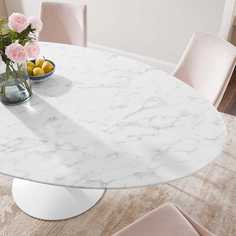 Mid-Century Modern 78" Oval Marble-Top Dining Table with White Base