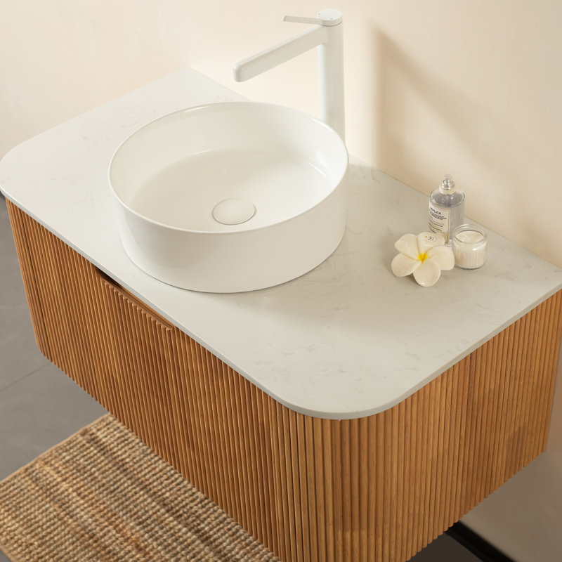 Meuble-lavabo de salle de bain 36 po avec lavabo, armoire de rangement murale rayée à bords arrondis avec tiroir, lavabo rond en céramique blanc sans robinet, pré-assemblé