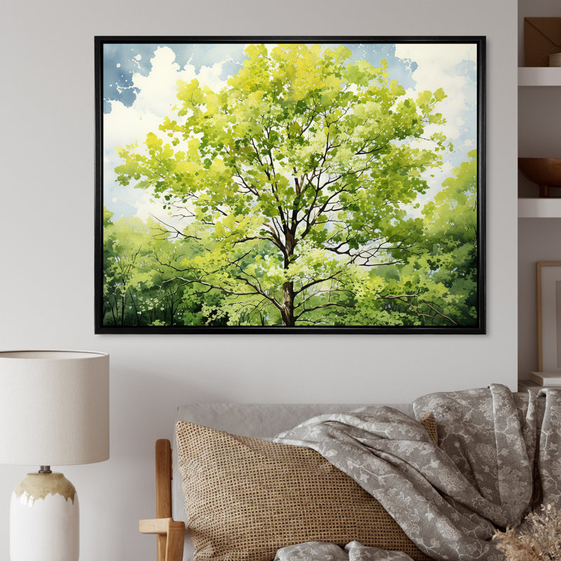 «Green Spring Blooms Tree I», art mural arbre, Cadre flottant noir, H 34 po x l 44 po x P 1,5 po
