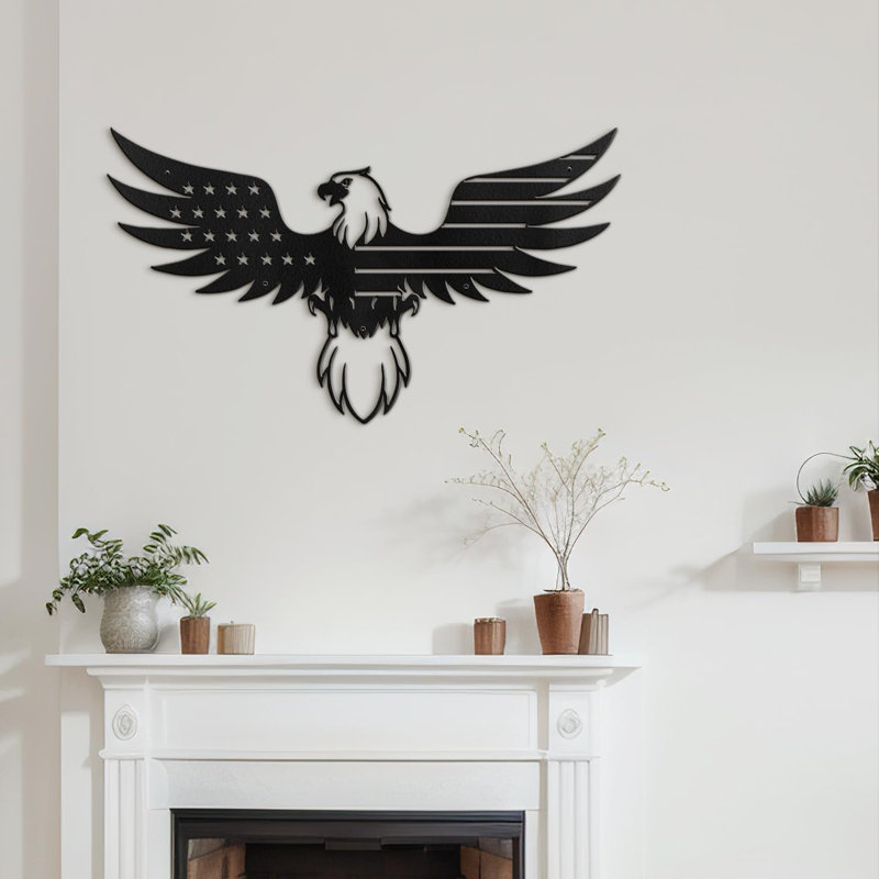 Eagle Wearing American Flag Minimalist Modern Animal Metal Wall Art Decor Wall Sculpture Hangings, 18" H x 36" W x 0.05" D