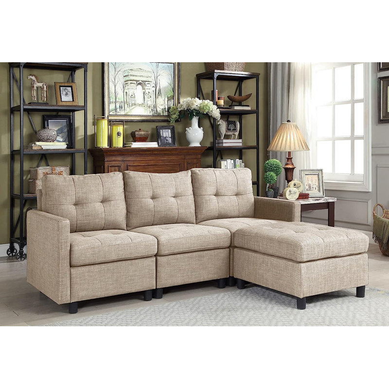3 Seats Modular Sofa With Ottoman L-shape Couch For Living Room Bedroom Small Space, Light Gray