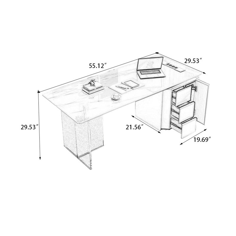 Bureau blanc rectangulaire en bois manufacturé avec 3 tiroirs, H 29,53 po x l 55,12 po x P 29,53 po