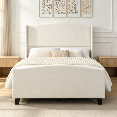 Full Size Bed Frame with 49.21" High Back Upholstered Headboard & 27.17" High Footboard, Teddy Velvet, 12 Slat Support, Solid Wood Feet, No Box Spring Needed (White)