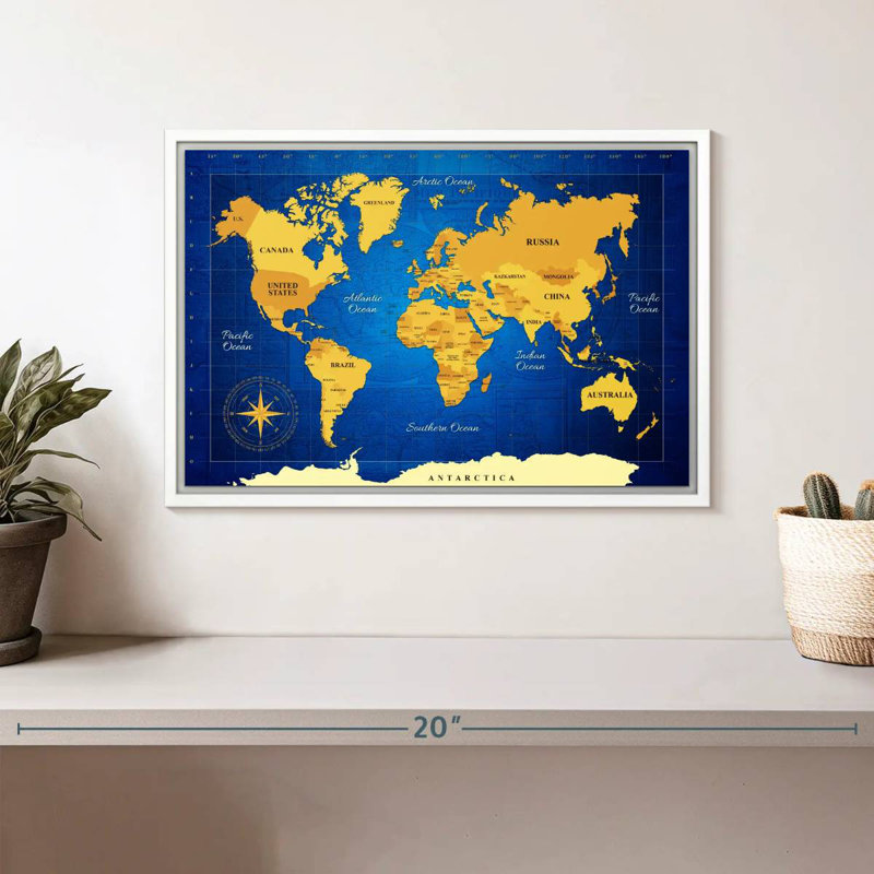 Carte du monde jaune, 13 po x 9 po, Cadre flottant blanc