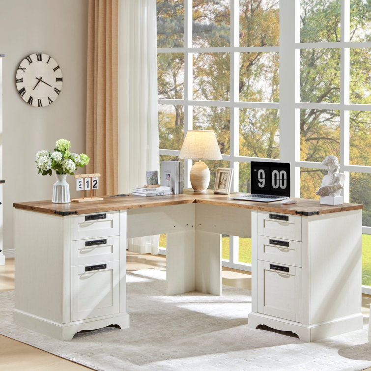 Dhevan 60" Farmhouse L Shaped Executive Desk With Drawers,wood Home Office Corner Desk With Charging Station