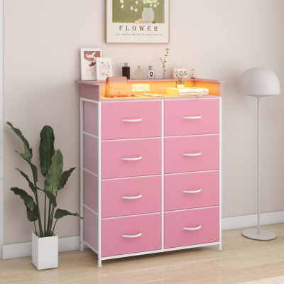 Commode haute pour chambre avec station de charge, 8 tiroirs, éclairage DEL, rangement pour entrée, placard, structure robuste en acier, plateau en bois, poignées faciles à tirer