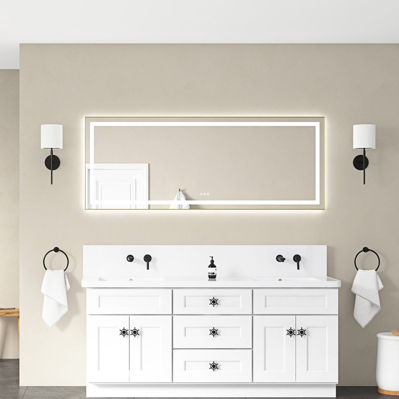 Miroir de salle de bain 72 "x 28" avec éclairage à DEL, cadre en aluminium, 3 options de couleur - brouillard, mémoire, intensité variable en continu, finition or brossé