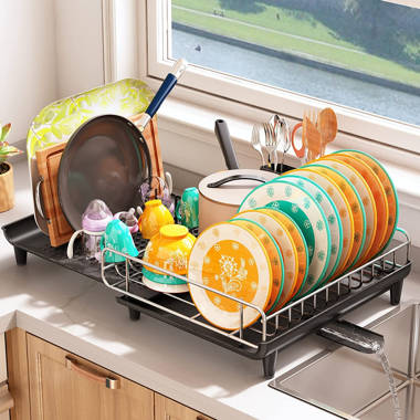 1pc Large Dish Drying Rack, Extendable Dish Rack, Multifunctional Dish Rack  For Kitchen Counter, Anti-Rust Drying Dish Rack With Cutlery & Cup Holders