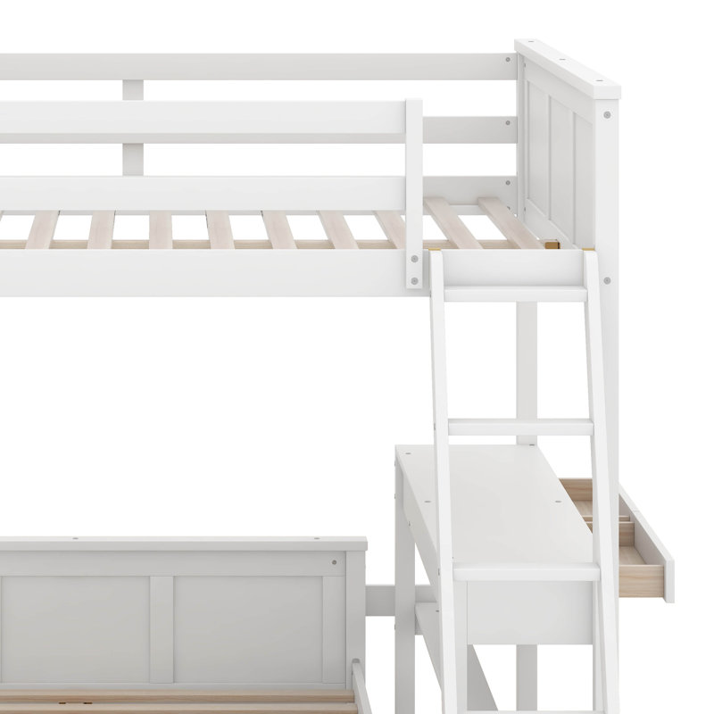 Full Over Full Bunk Bed With Built-In Desk And Storage Drawers, Wooden Bunk Bed Frame With Safety Guard Rails And Ladder