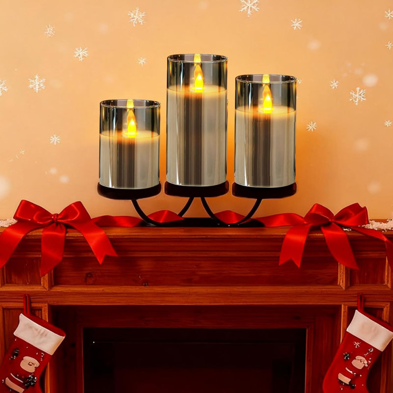 Led Flameless Candles, Battery Operated Flickering Candles Pillar Real Wax Moving Flame Electric Candle Sets Gold Glass Effect with Remote Timer, 4 in, 5 in, 6 in (Grey)