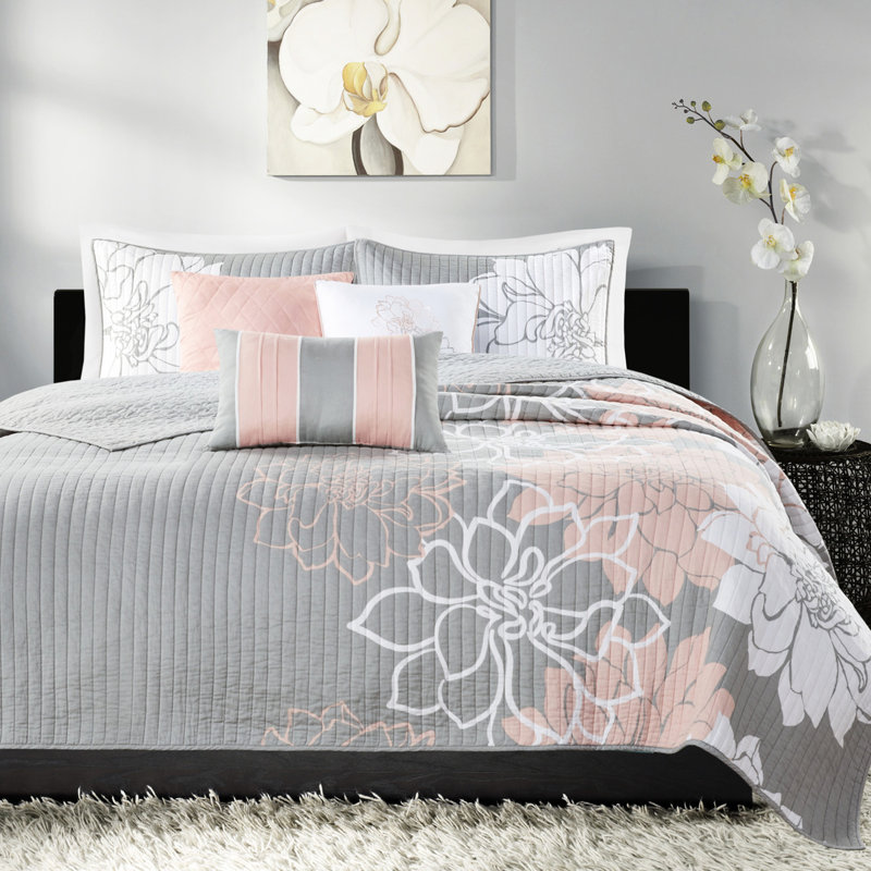 Courtepointe 6 pièces, gris / pêche, double / grand, coton imprimé, chaleur réversible, 3 coussins élégants, coussin décoratif pour la literie