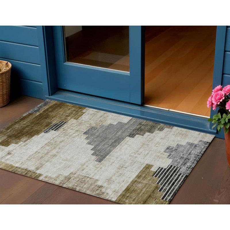 Tapis intérieur/extérieur lavable, 90 x 150 cm, brun, beige et anthracite, à motifs géométriques.